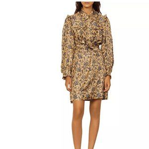 SANDRO Paris Harmonie Silk Ruffle Dress in Blue/Gold